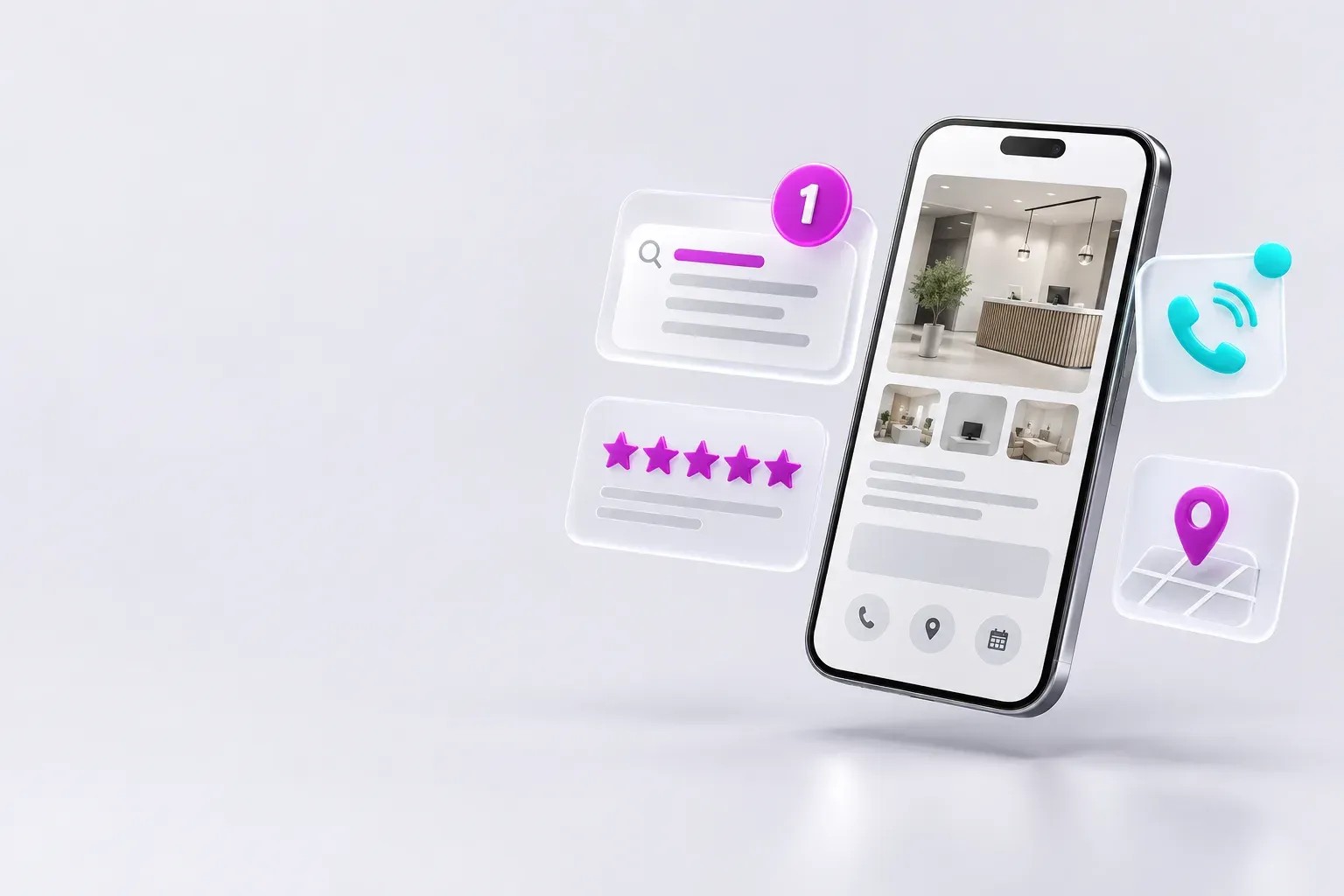 Un site sur smartphone, classé premier sur Google, avec des avis cinq étoiles et un appel entrant