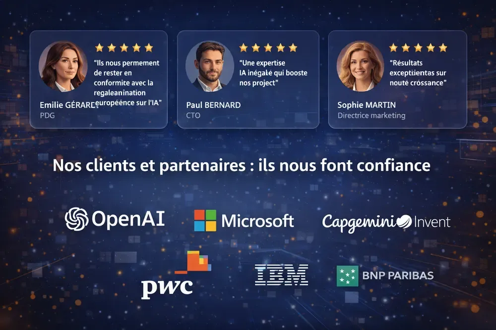 Image de témoignages clients et de logos de partenaires renforçant la crédibilité